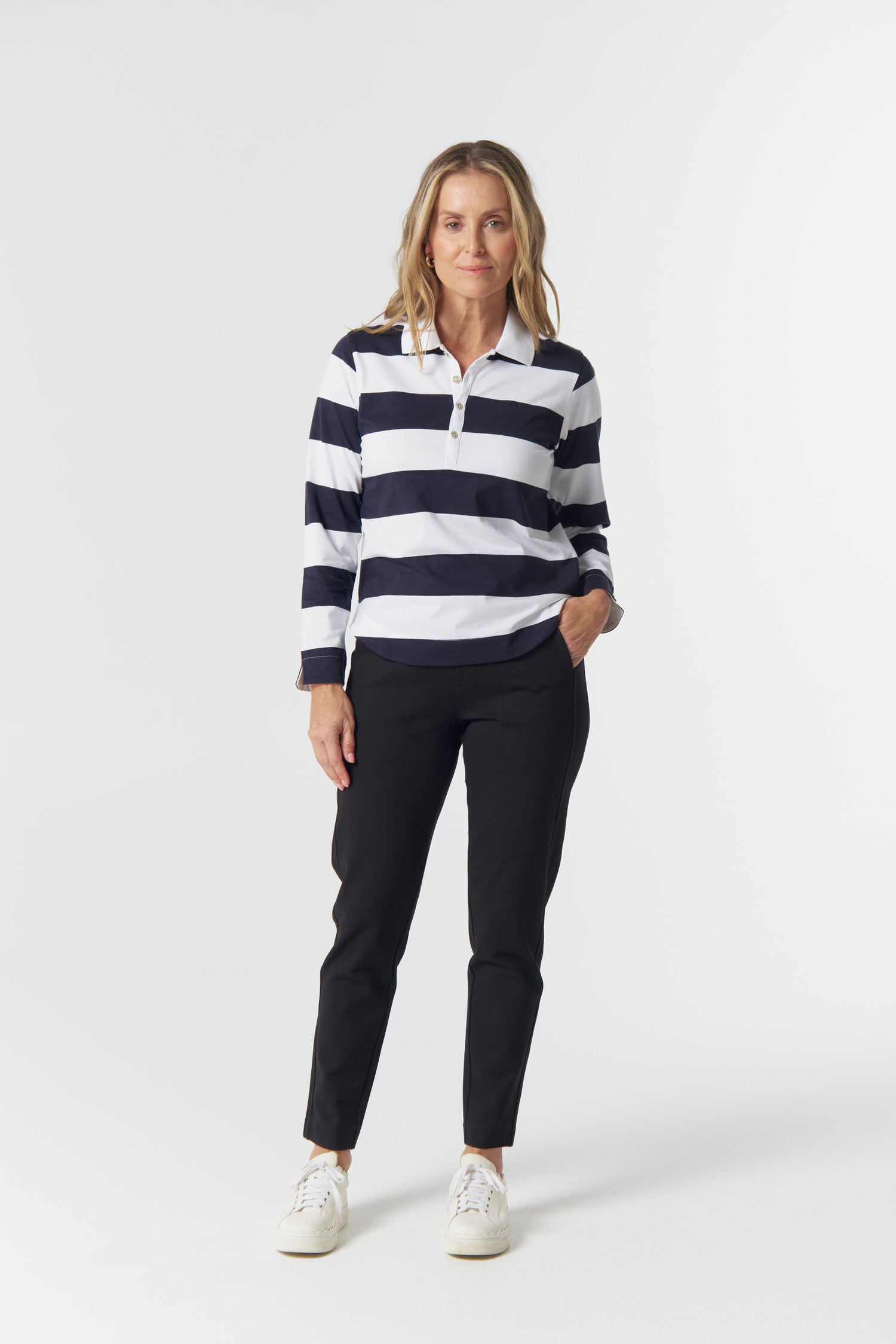 Travel Cotton Jersey Polo - Dark Navy/White by Goondiwindi Cotton. Timeless women’s fashion using natural fibres and classic shapes