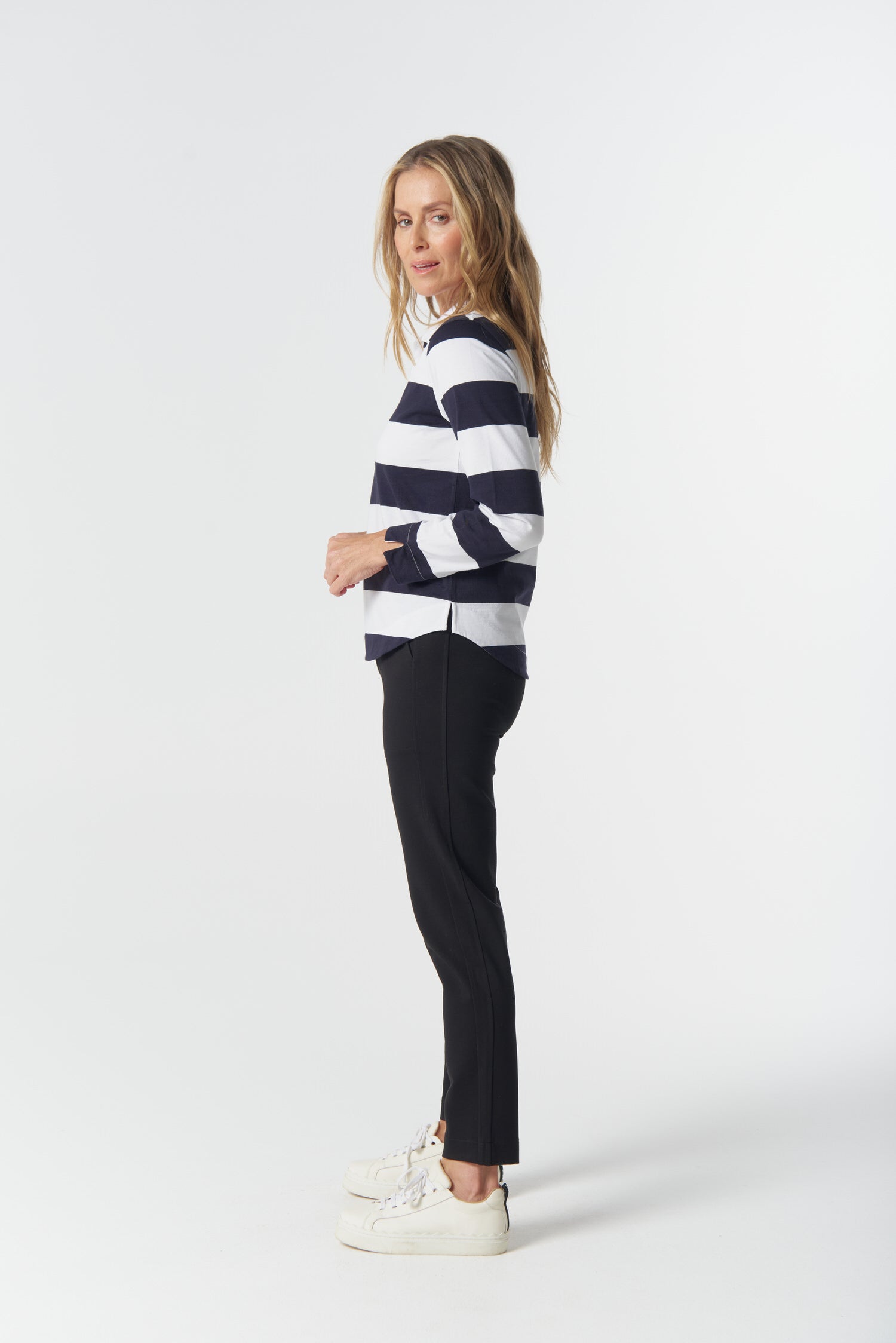 Travel Cotton Jersey Polo - Dark Navy/White by Goondiwindi Cotton. Timeless women’s fashion using natural fibres and classic shapes