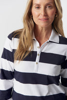 Travel Cotton Jersey Polo - Dark Navy/White by Goondiwindi Cotton. Timeless women’s fashion using natural fibres and classic shapes