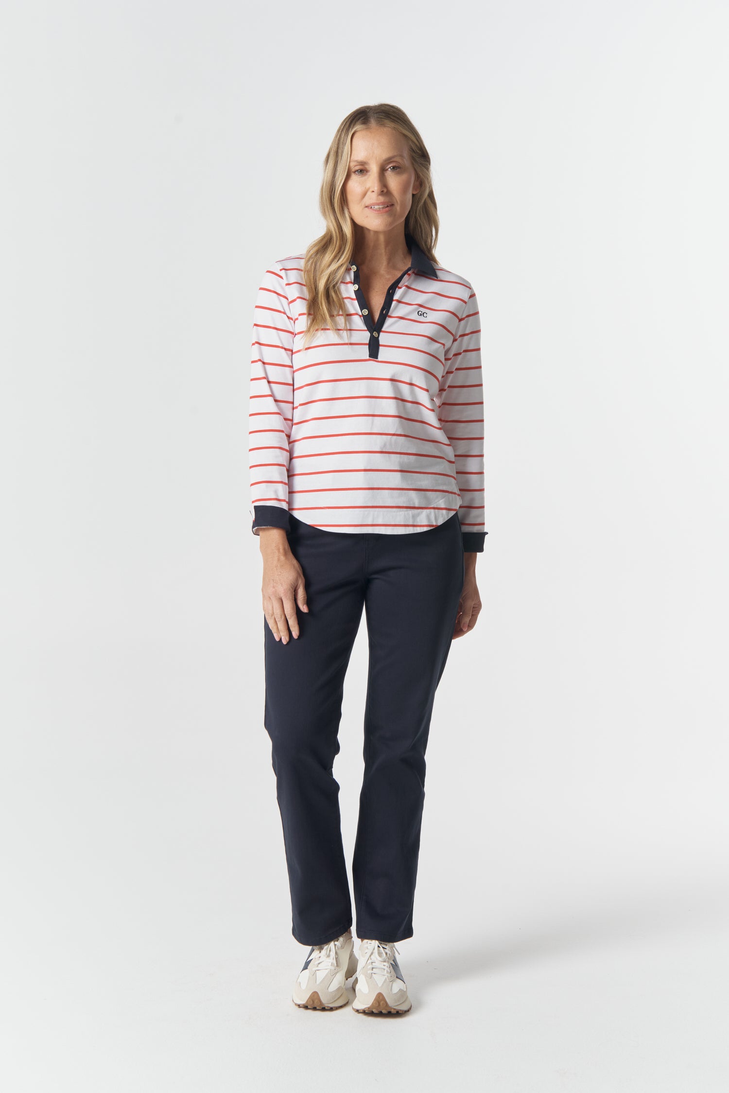 Travel Cotton Jersey Polo - White/Poinsettia by Goondiwindi Cotton. Timeless women’s fashion using natural fibres and classic shapes