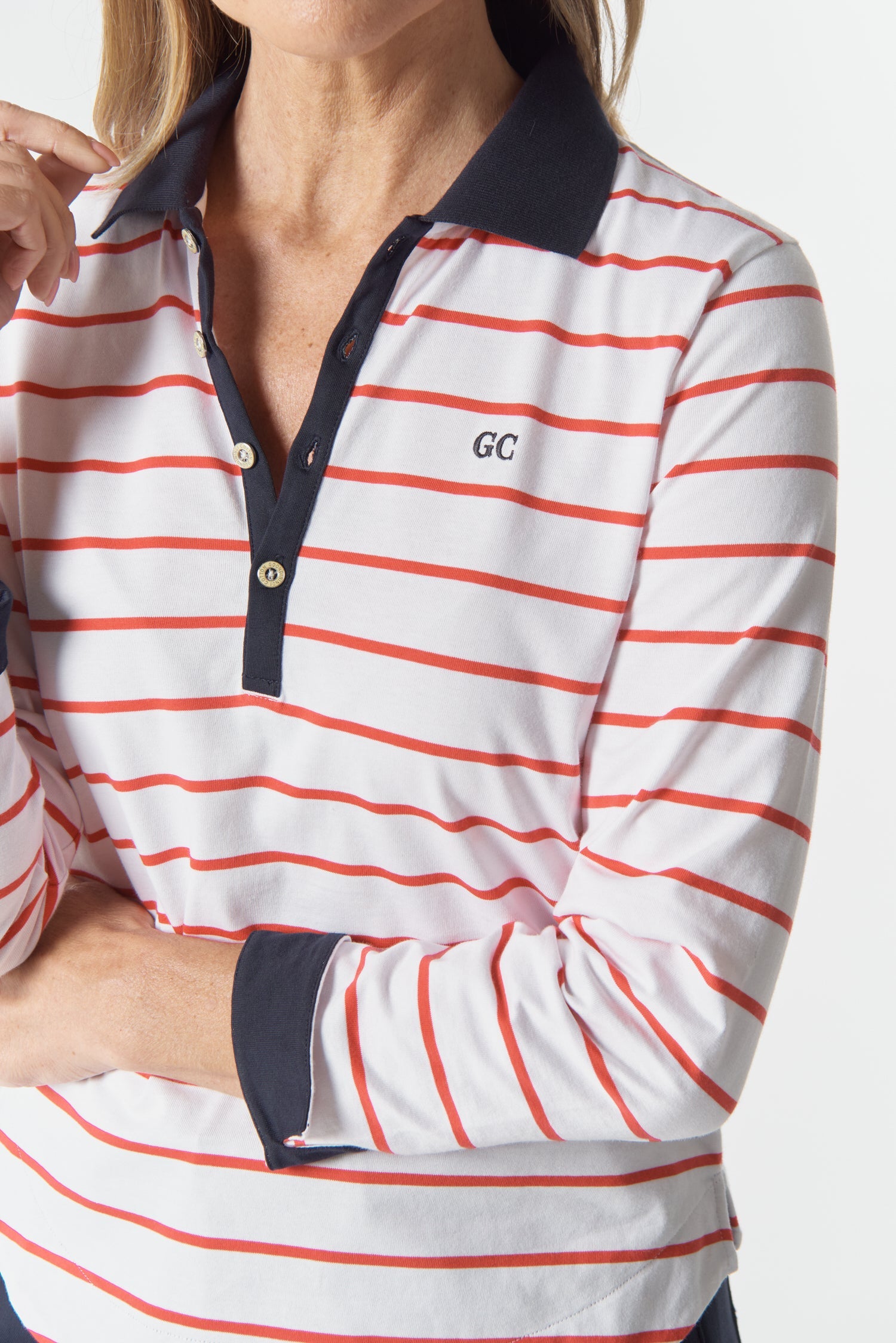 Travel Cotton Jersey Polo - White/Poinsettia by Goondiwindi Cotton. Timeless women’s fashion using natural fibres and classic shapes