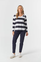 Travel V Neck Cotton Jersey Tee - Dark Navy/White by Goondiwindi Cotton. Timeless women’s fashion using natural fibres and classic shapes