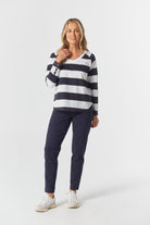 Travel V Neck Cotton Jersey Tee - Dark Navy/White by Goondiwindi Cotton. Timeless women’s fashion using natural fibres and classic shapes