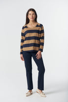 Travel V Neck Cotton Jersey Tee - Iced Coffee/Navy by Goondiwindi Cotton. Timeless women’s fashion using natural fibres and classic shapes