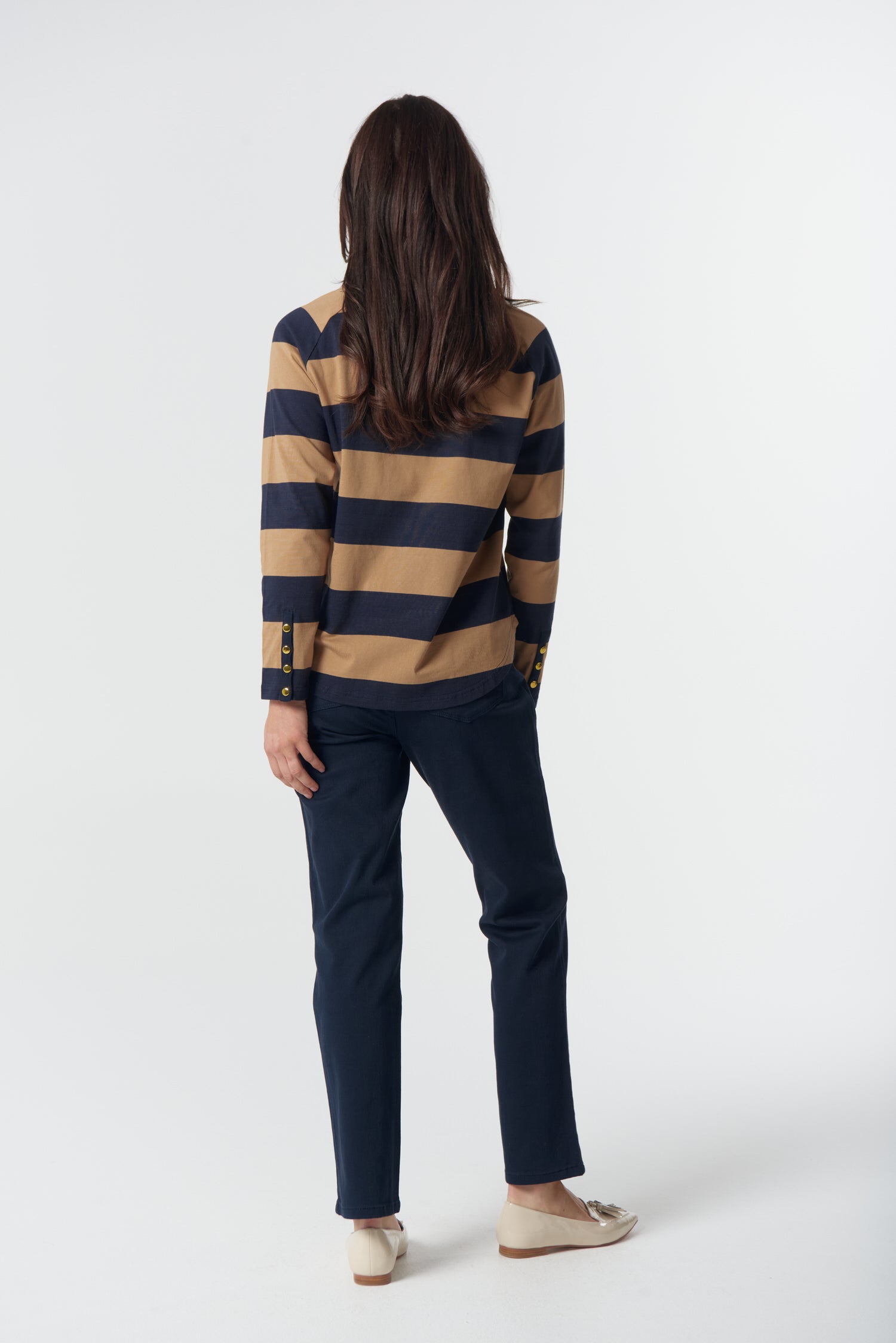 Travel V Neck Cotton Jersey Tee - Iced Coffee/Navy by Goondiwindi Cotton. Timeless women’s fashion using natural fibres and classic shapes