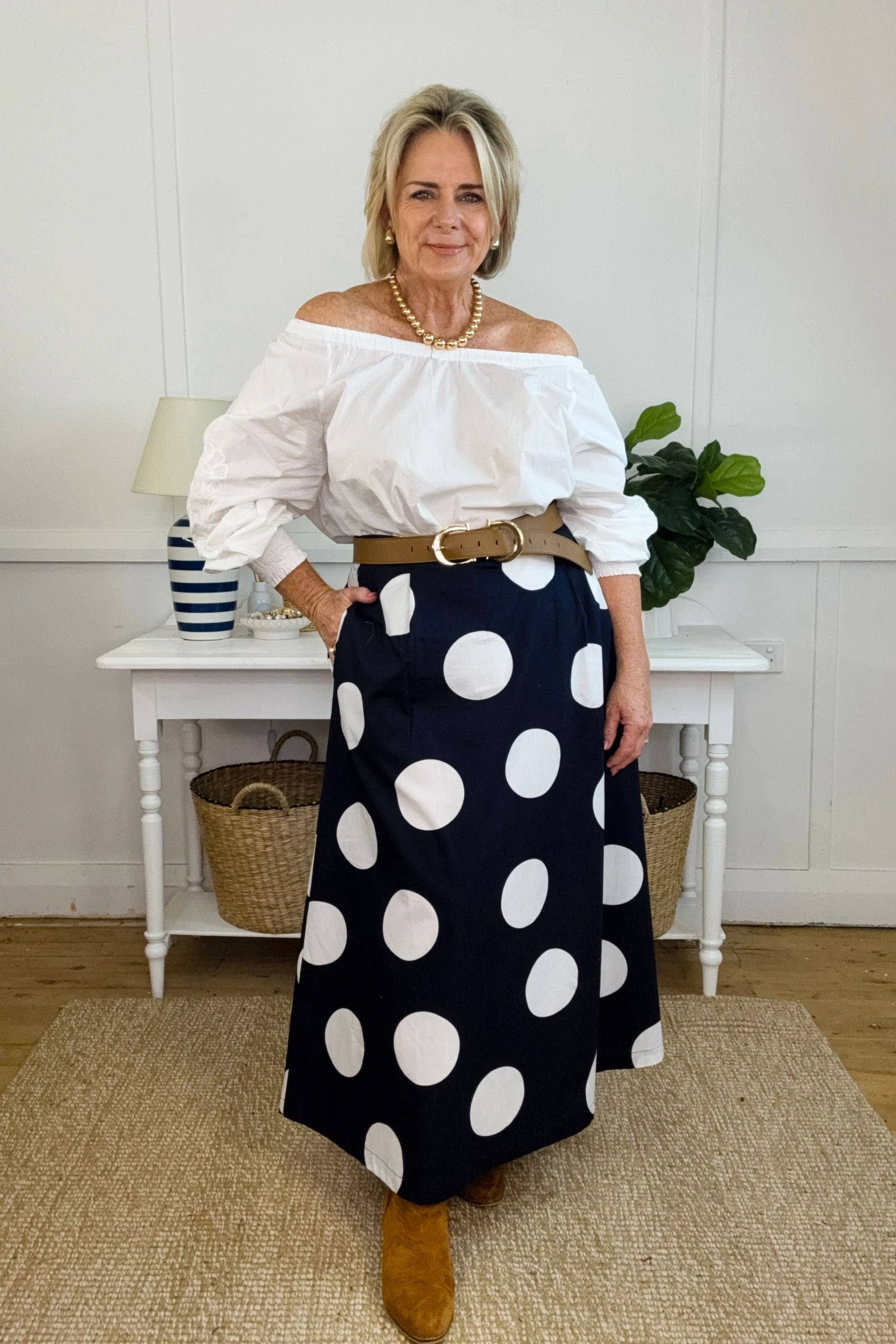 Cotton A-Line Skirt With Belt Navy Spot Print – Goondiwindi Cotton