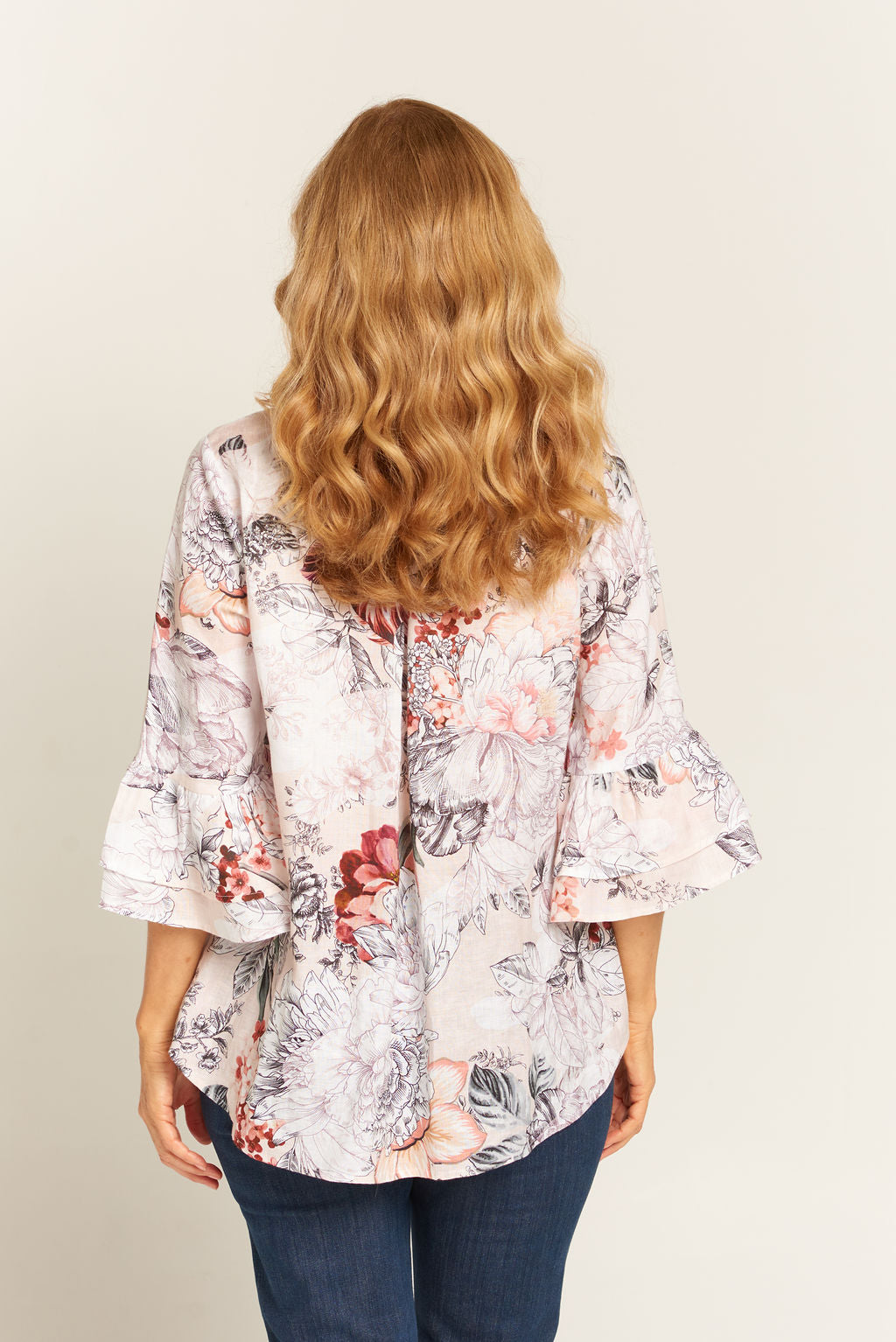 Goondiwindi Cotton Blouses Linen Ruffle Sleeve Blouse Botanical Print