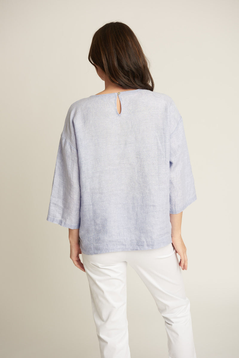 100% Linen 3/4 Sleeve Top With Pockets French Blue