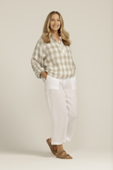 Linen Gingham Pleat Sleeve Blouse Khaki/White