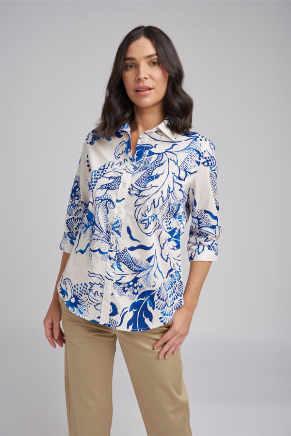 Classic 3/4 Sleeve Opal Print Cotton Shirt