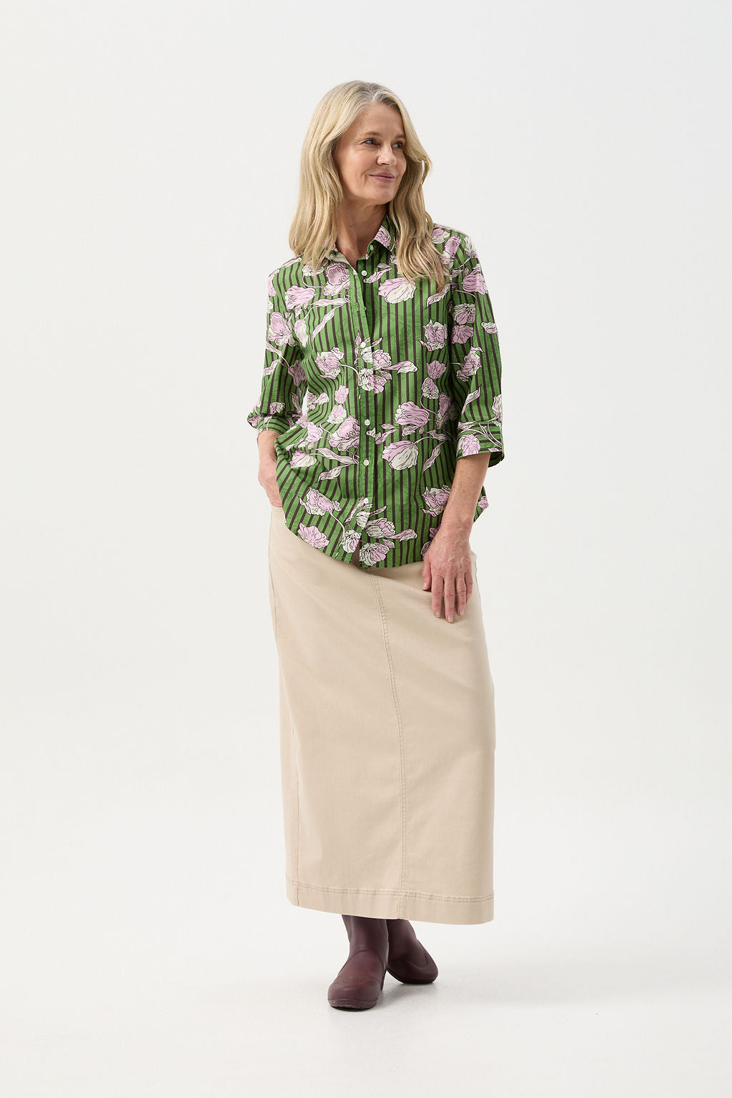 3/4 Sleeve Cotton Shirt - Poppy Print by Goondiwindi Cotton. Timeless women’s fashion using natural fibres and classic shapes