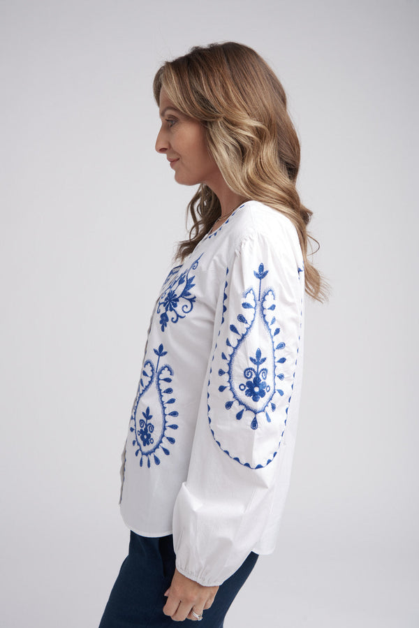 Embroidered Button Through Top White/Opal