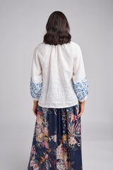 Embroidered Sleeve Linen Blouse White/Denim Blue