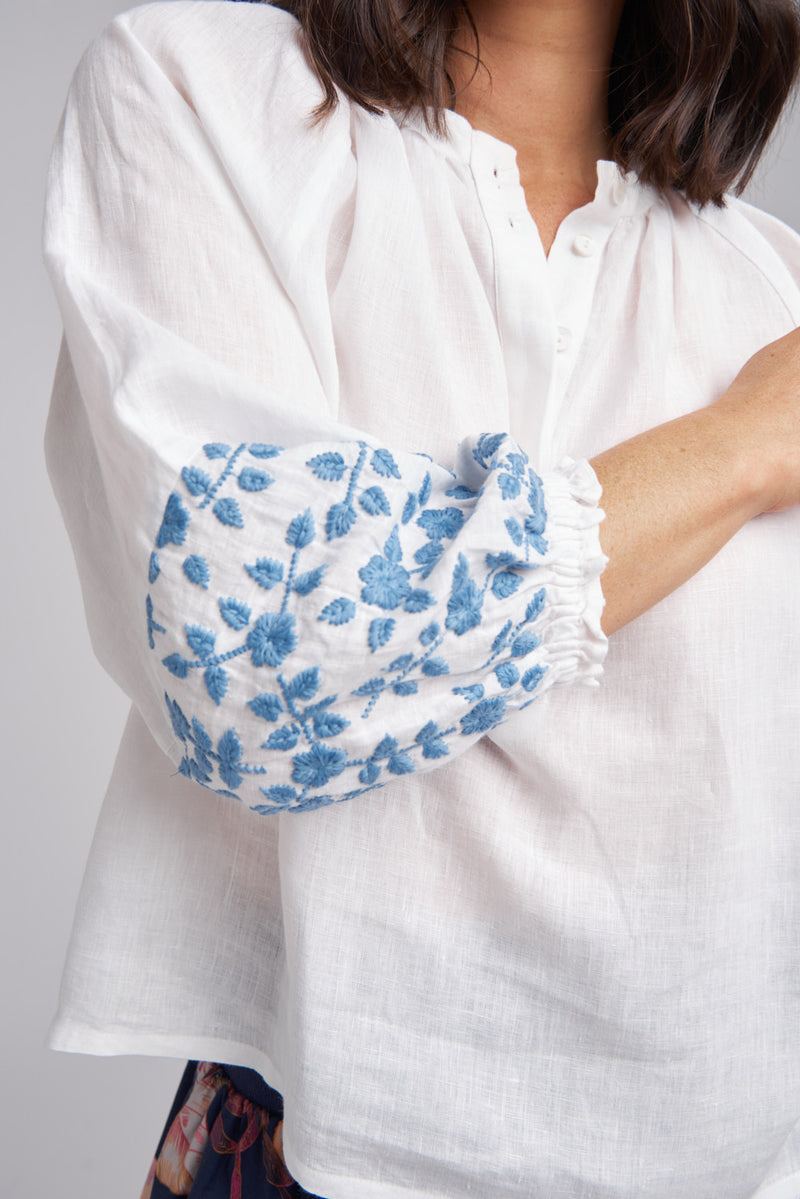 Embroidered Sleeve Linen Blouse White/Denim Blue