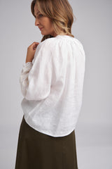 Embroidered Sleeve Linen Blouse White/White