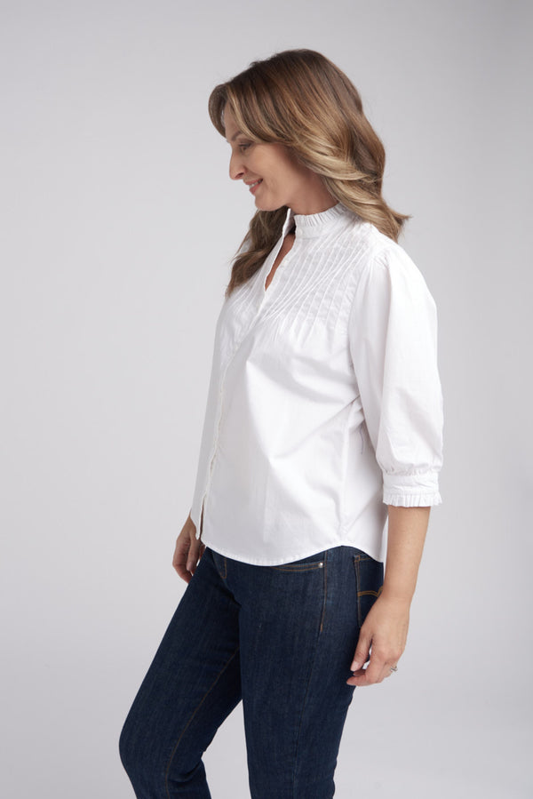 3/4 Sleeve Frill Collar Cotton Shirt White