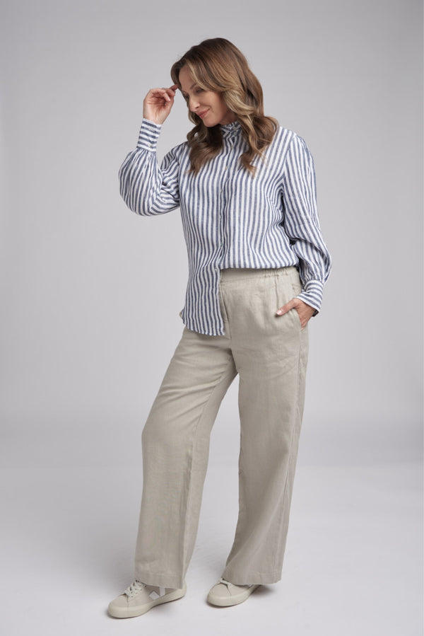 Full Sleeve Linen Shirt With Frill Collar Navy/White
