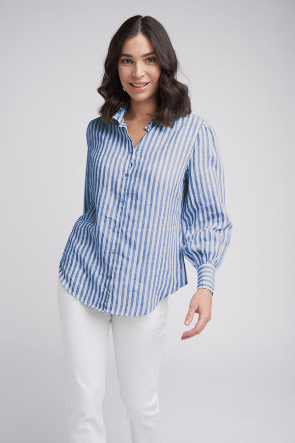 Full Sleeve Linen Shirt With Frill Collar Opal/White