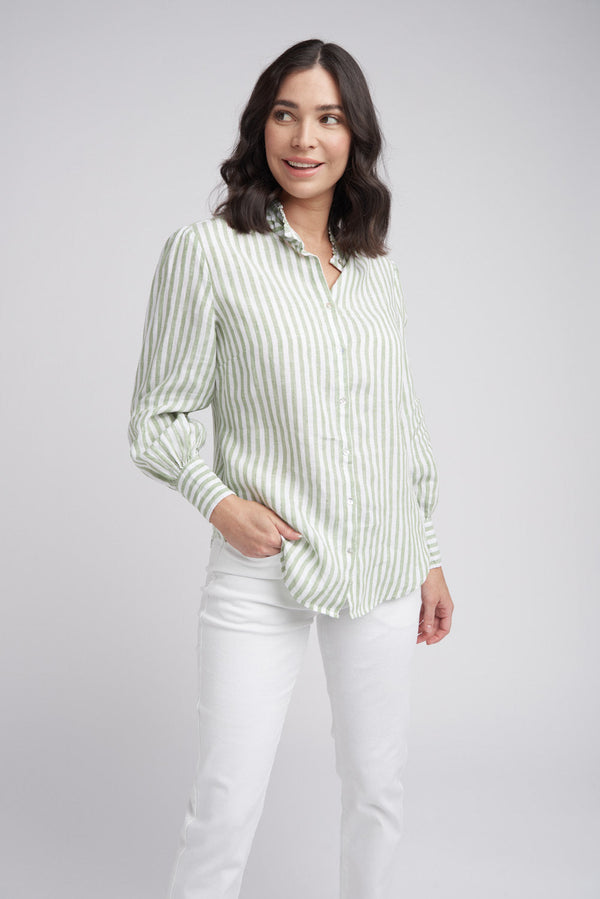 Full Sleeve Linen Shirt With Frill Collar Pistachio/White