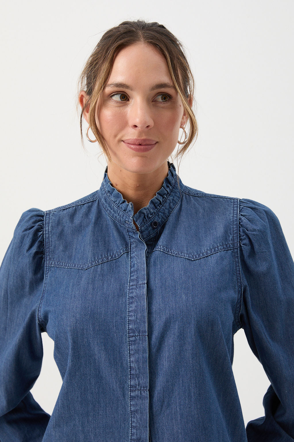 Cotton Chambray Frill Detail Shirt - Denim Blue by Goondiwindi Cotton. Timeless women’s fashion using natural fibres and classic shapes