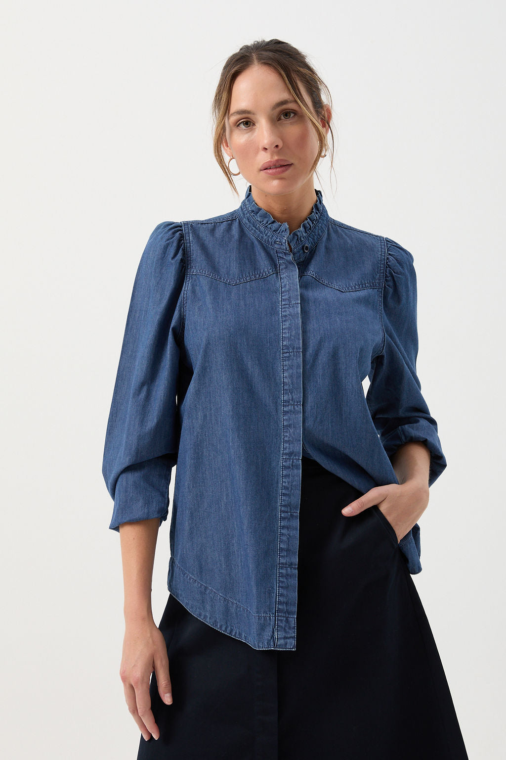 Cotton Chambray Frill Detail Shirt - Denim Blue by Goondiwindi Cotton. Timeless women’s fashion using natural fibres and classic shapes