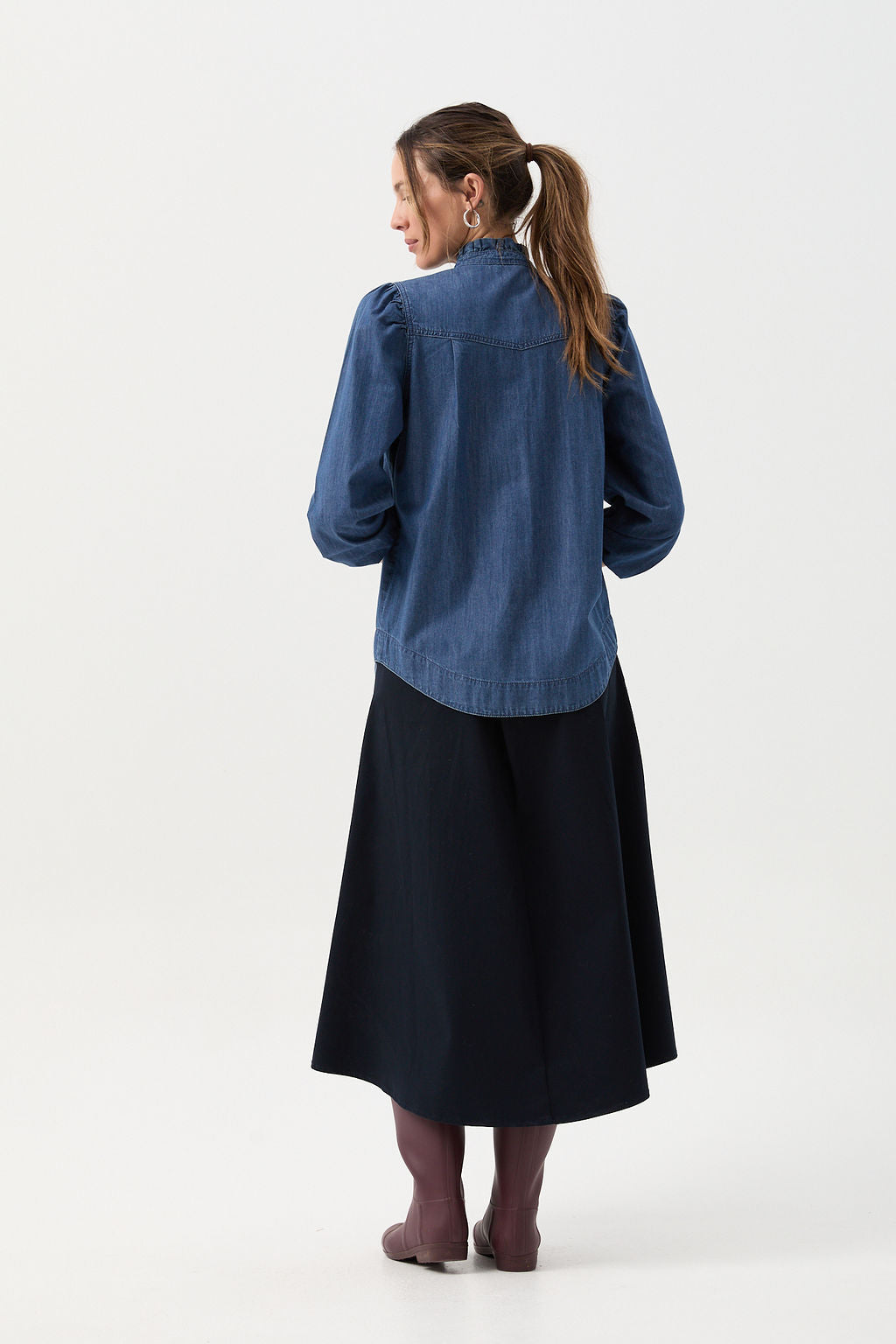 Cotton Chambray Frill Detail Shirt - Denim Blue by Goondiwindi Cotton. Timeless women’s fashion using natural fibres and classic shapes