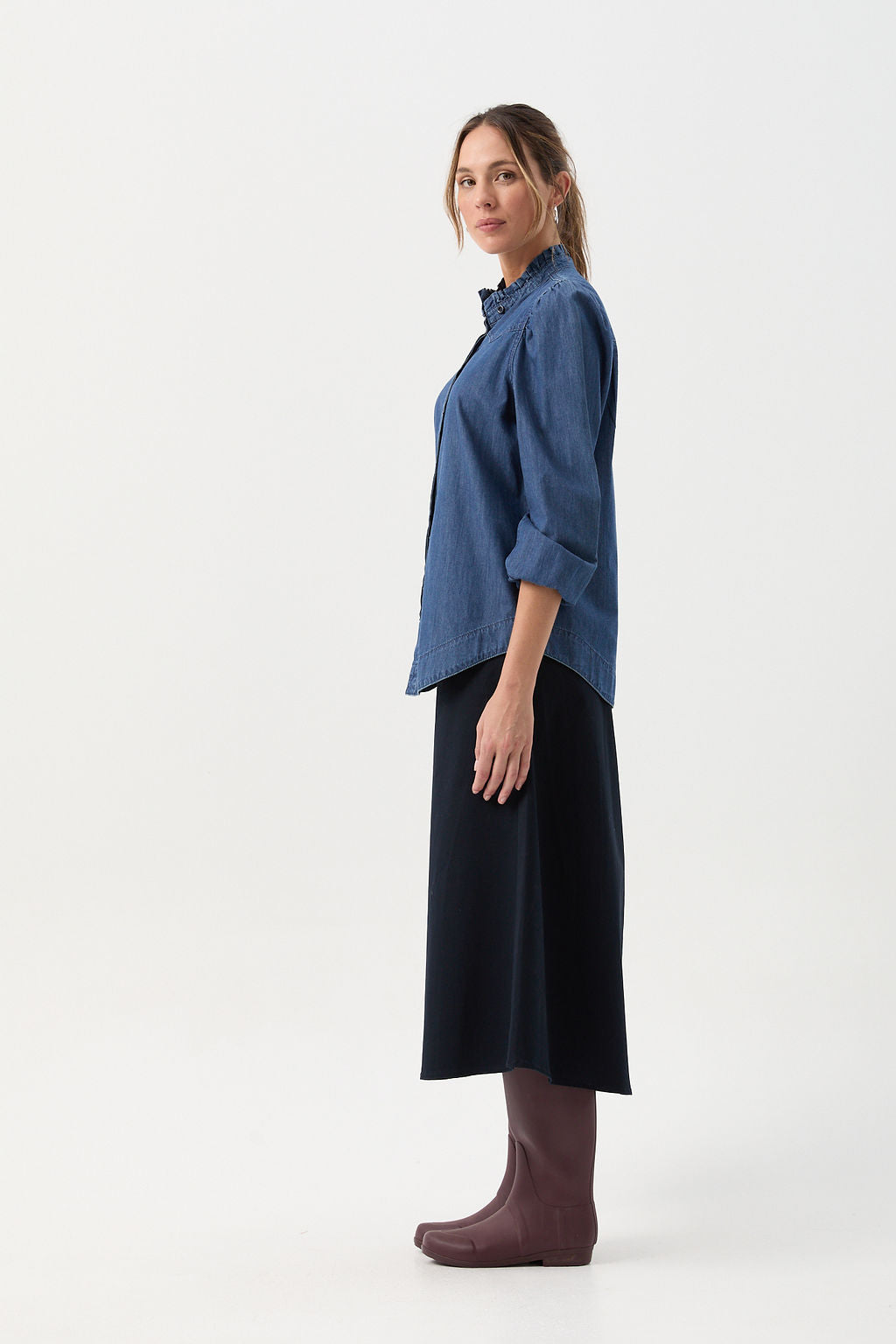 Cotton Chambray Frill Detail Shirt - Denim Blue by Goondiwindi Cotton. Timeless women’s fashion using natural fibres and classic shapes