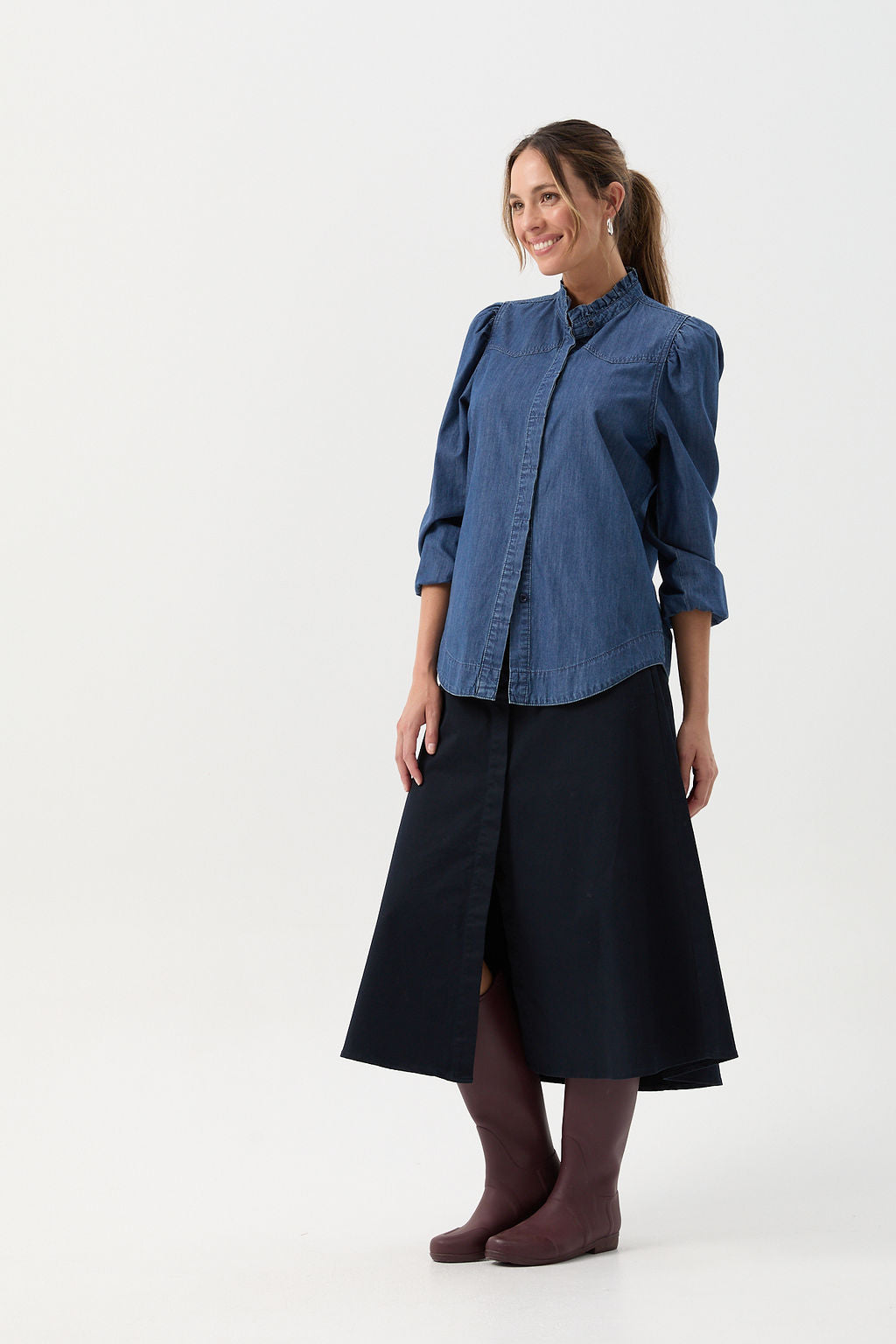 Cotton Chambray Frill Detail Shirt - Denim Blue by Goondiwindi Cotton. Timeless women’s fashion using natural fibres and classic shapes