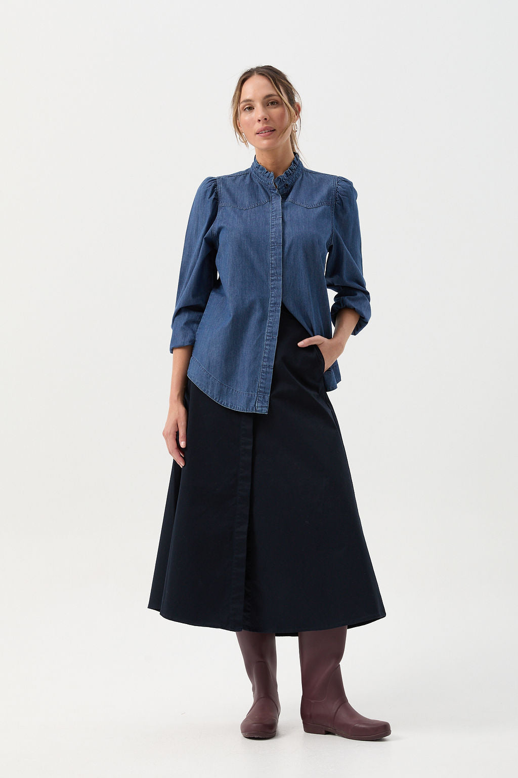 Cotton Chambray Frill Detail Shirt - Denim Blue by Goondiwindi Cotton. Timeless women’s fashion using natural fibres and classic shapes