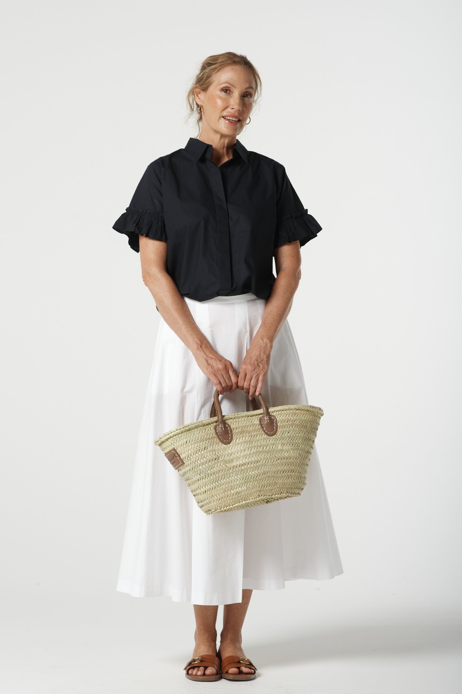 Dune Cotton Ruffle Sleeve Shirt - Dark Navy by Goondiwindi Cotton. Timeless women’s fashion using natural fibres and classic shapes