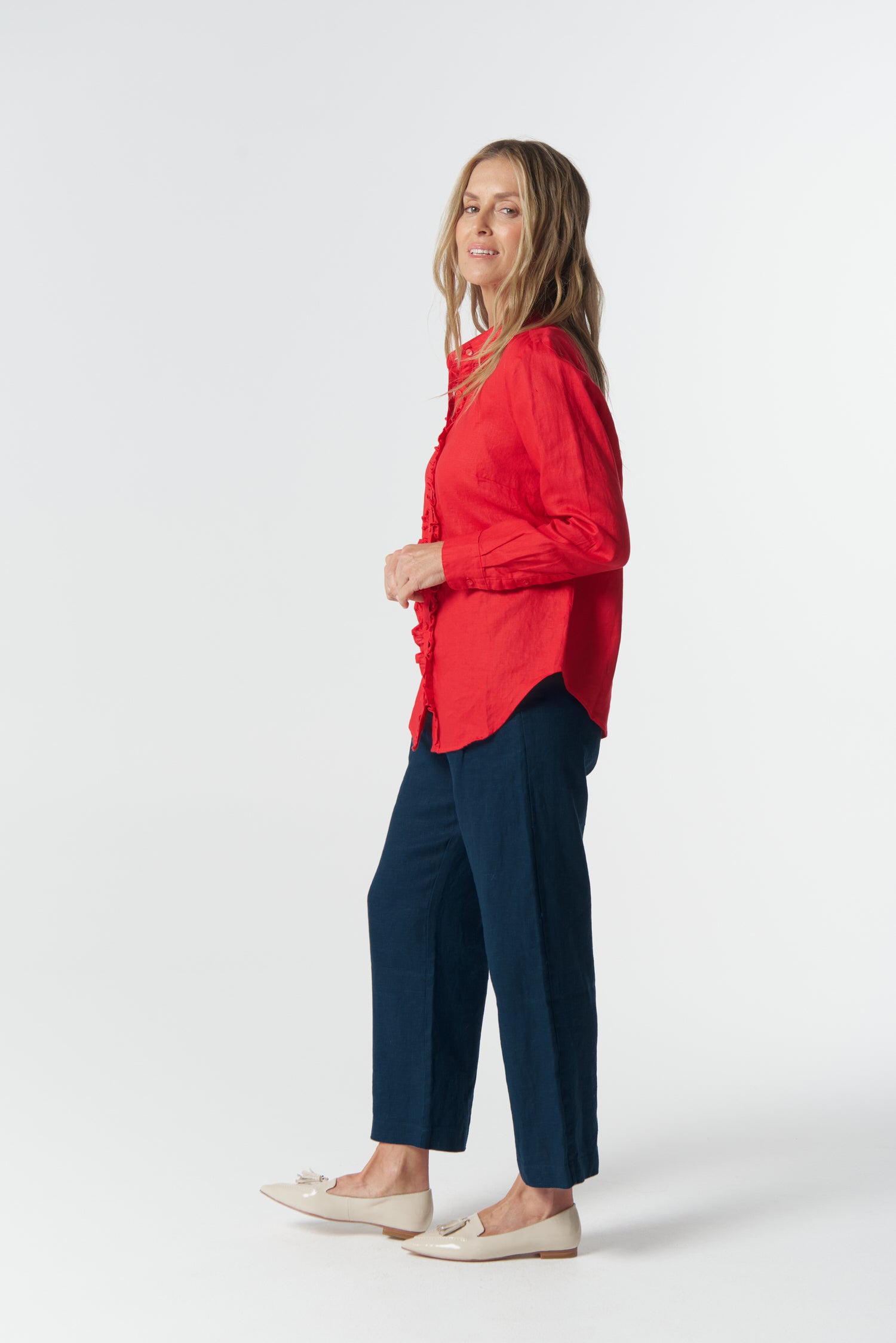 Pearl Ruffle Linen Shirt - Poinsettia by Goondiwindi Cotton. Timeless women’s fashion using natural fibres and classic shapes