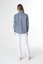 Sky Frill Neck Cotton Shirt - Dark Navy/White by Goondiwindi Cotton. Timeless women’s fashion using natural fibres and classic shapes