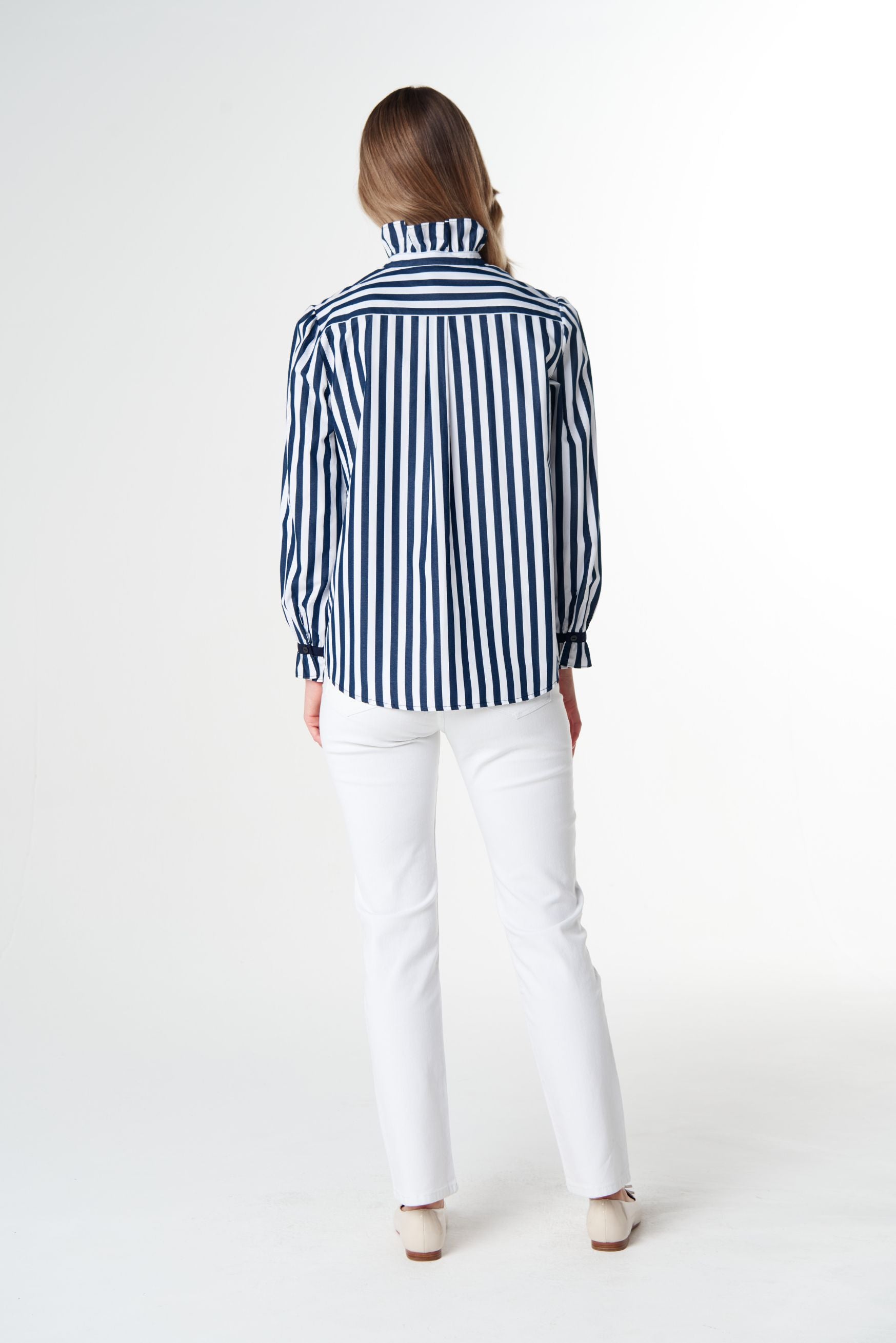 Sky Frill Neck Cotton Shirt - Dark Navy/White by Goondiwindi Cotton. Timeless women’s fashion using natural fibres and classic shapes