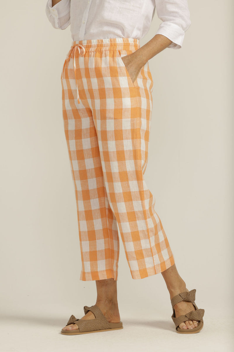 Linen Gingham Cropped Pant Apricot/White