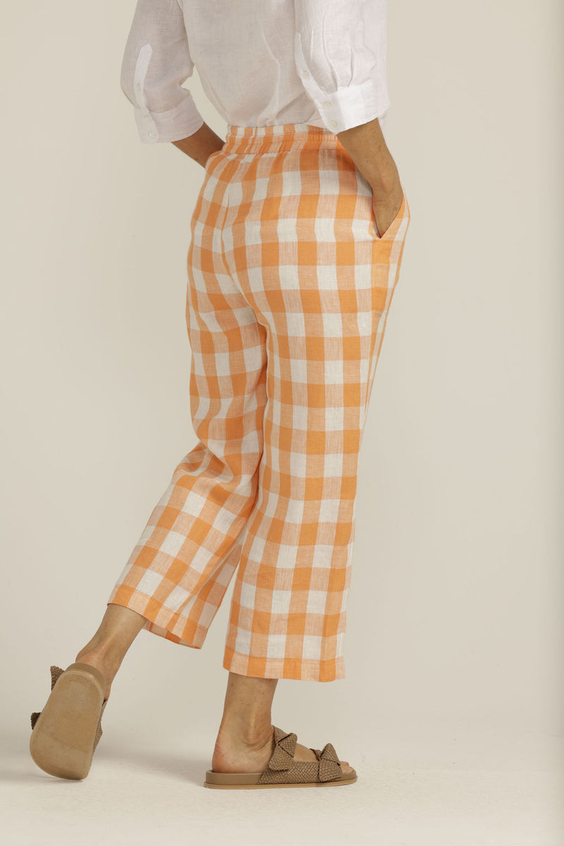 Linen Gingham Cropped Pant Apricot/White