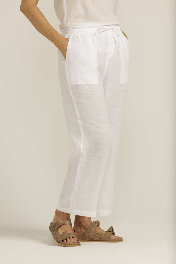 Linen Drawstring Cropped Pant White