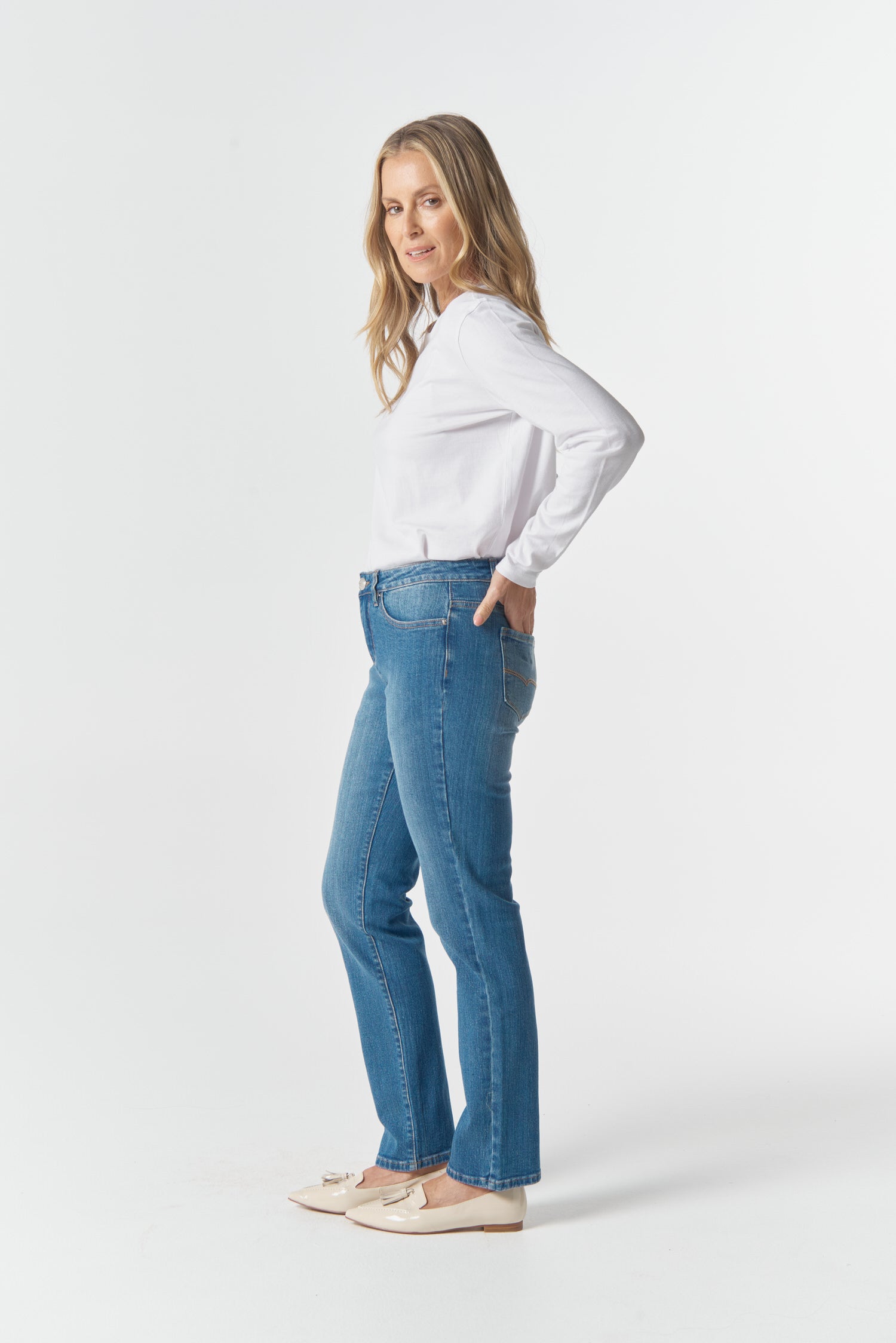 5 Pocket Jean - Denim Blue by Goondiwindi Cotton. Timeless women’s fashion using natural fibres and classic shapes