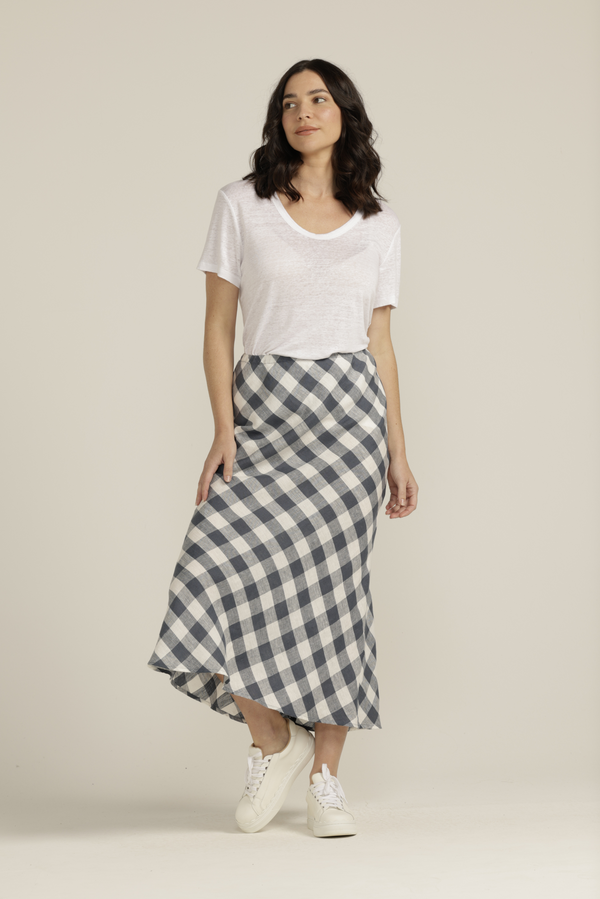 Linen Gingham Bias Cut Skirt Navy/White
