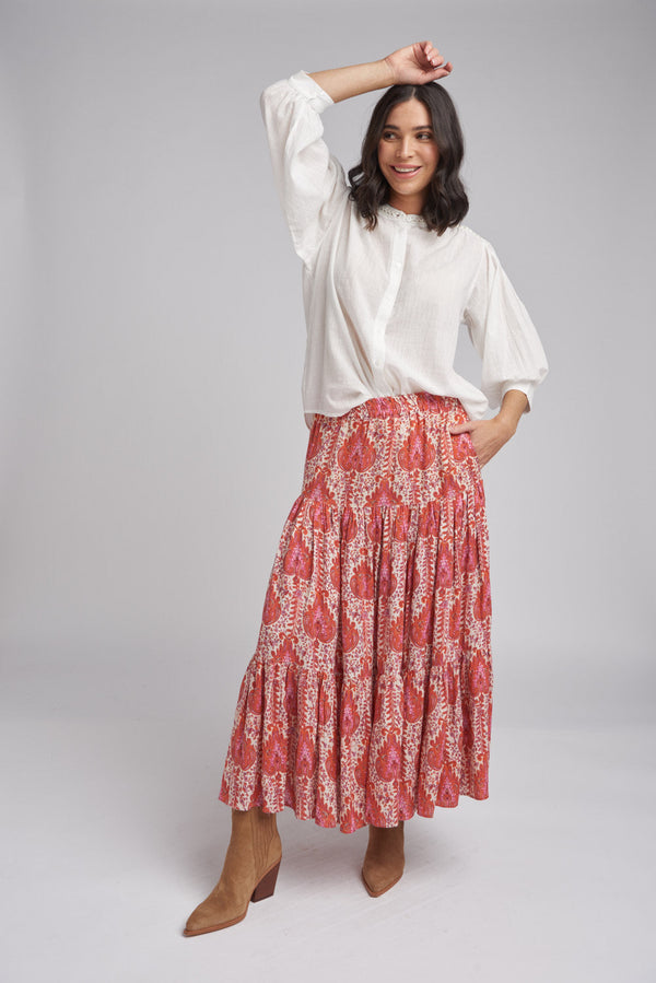 Tiered Flame Print Linen Skirt