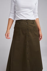 Button Through Pocket Skirt Olive