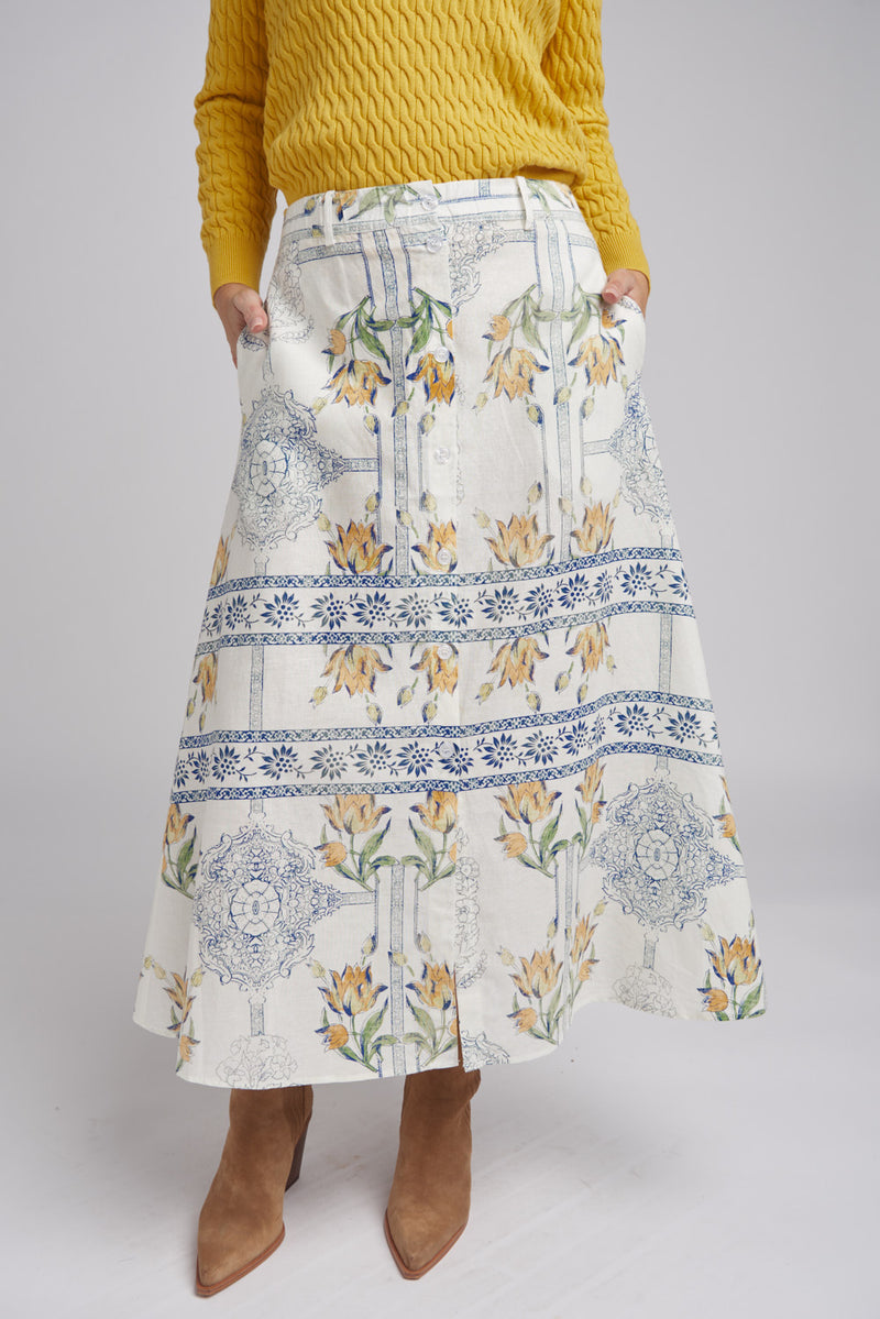 Country Lily Print Button Skirt