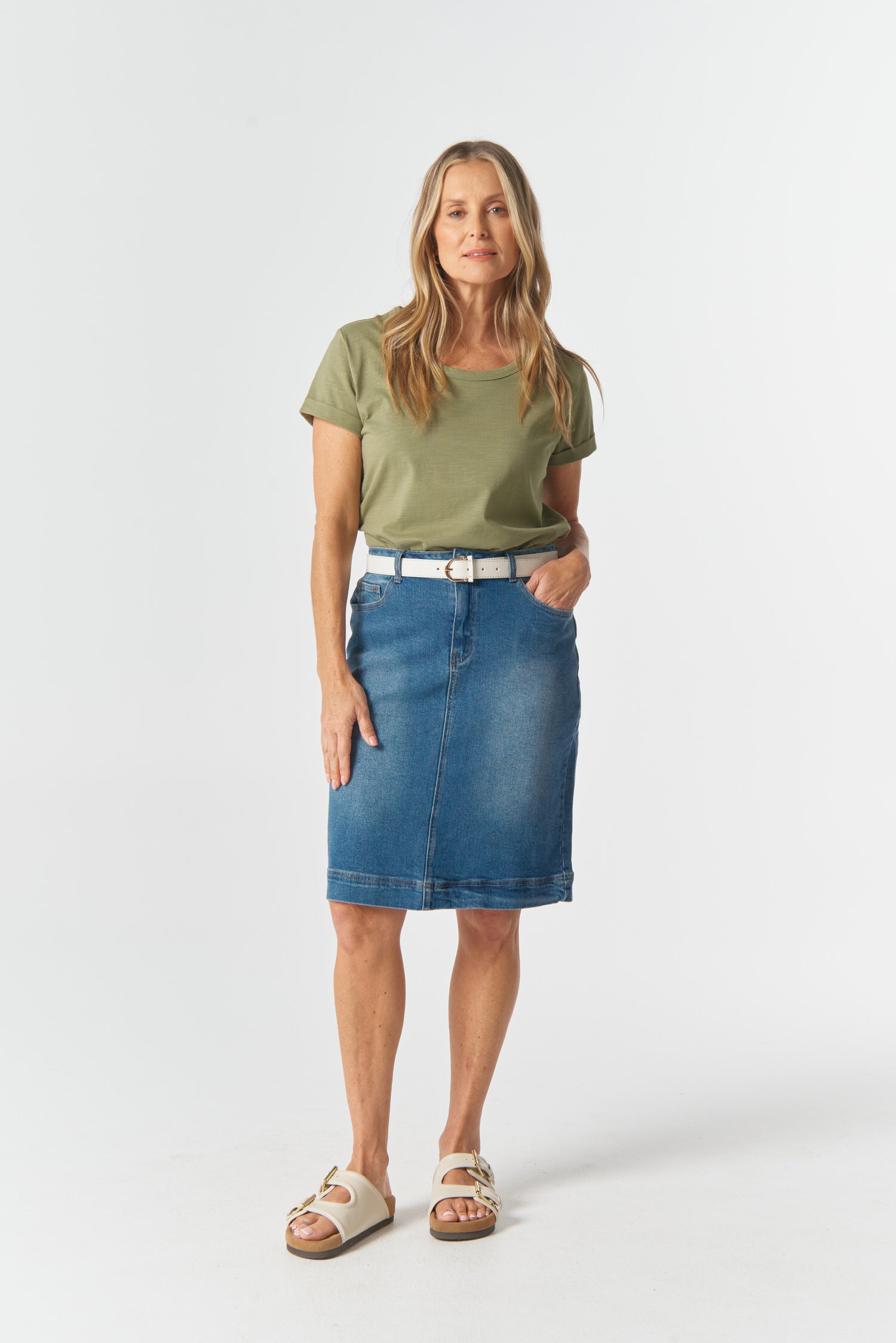 Denim Knee Length Skirt Light Blue Goondiwindi Cotton