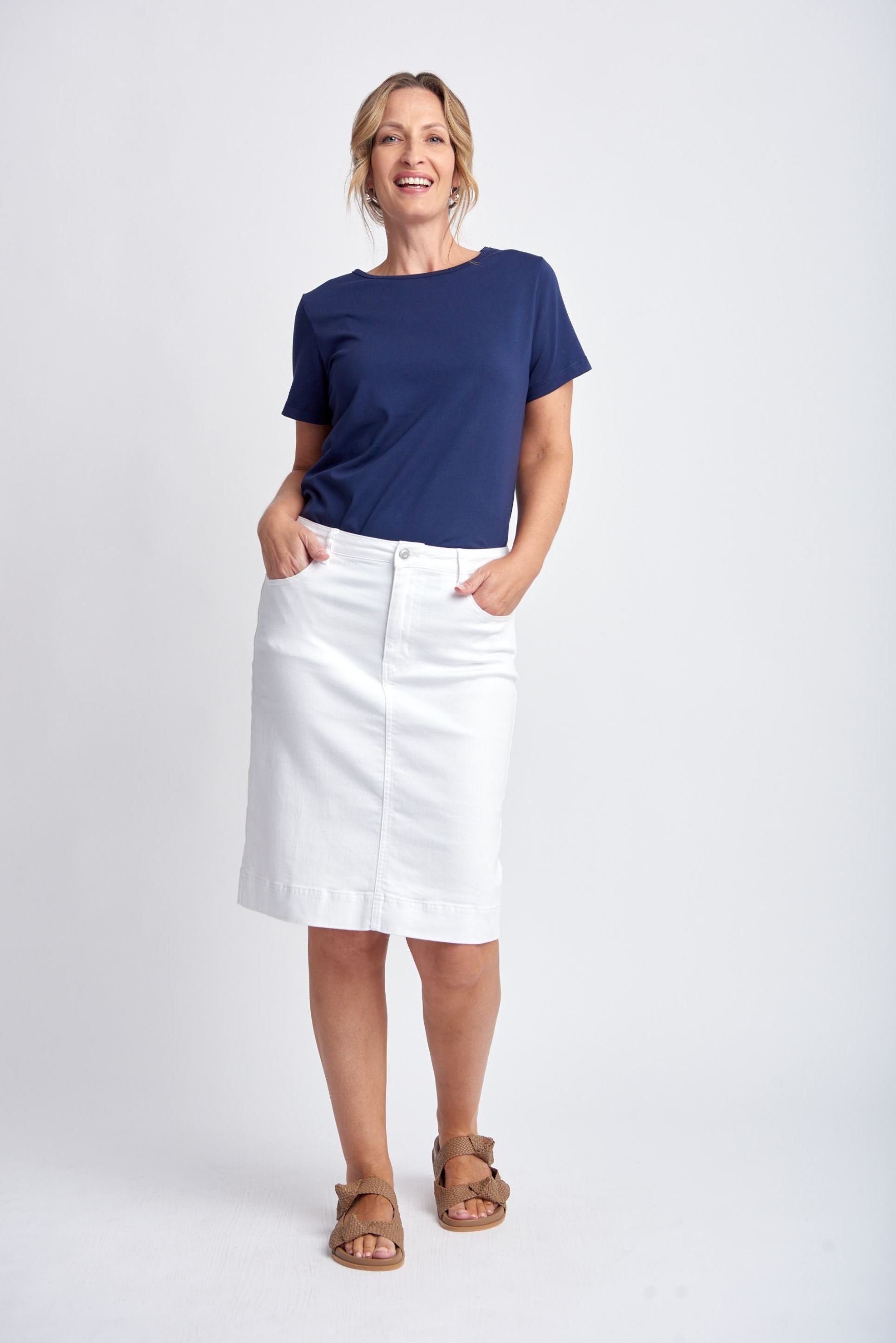 White Denim Pencil Skirt Knee Length Pencil Skirt White (White