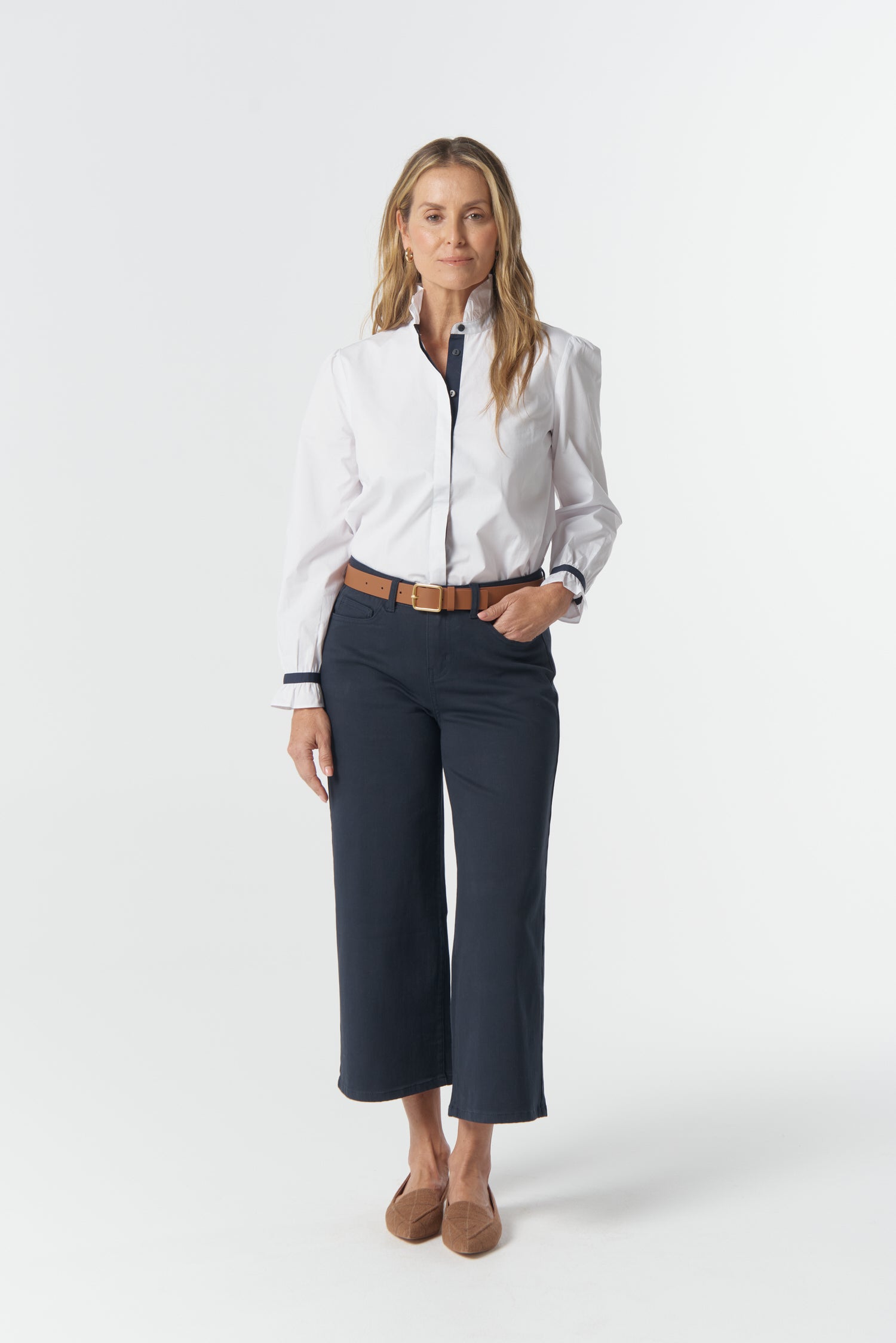 5 Pocket Crop Wide Leg Jean - Dark Navy by Goondiwindi Cotton. Timeless women’s fashion using natural fibres and classic shapes