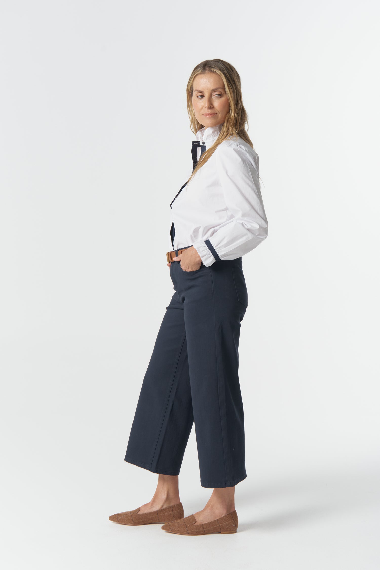 5 Pocket Crop Wide Leg Jean - Dark Navy by Goondiwindi Cotton. Timeless women’s fashion using natural fibres and classic shapes