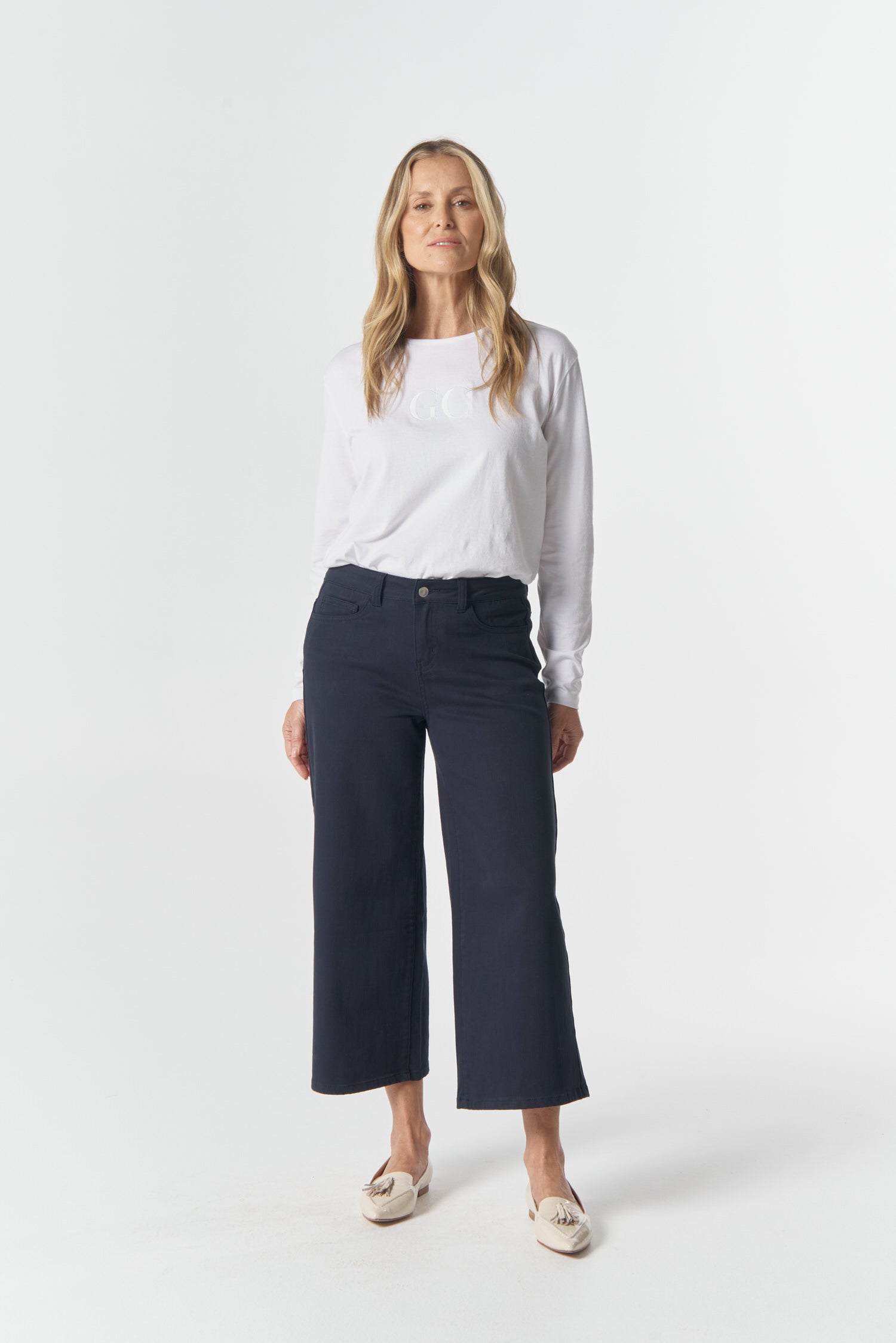 5 Pocket Crop Wide Leg Jean - Dark Navy by Goondiwindi Cotton. Timeless women’s fashion using natural fibres and classic shapes