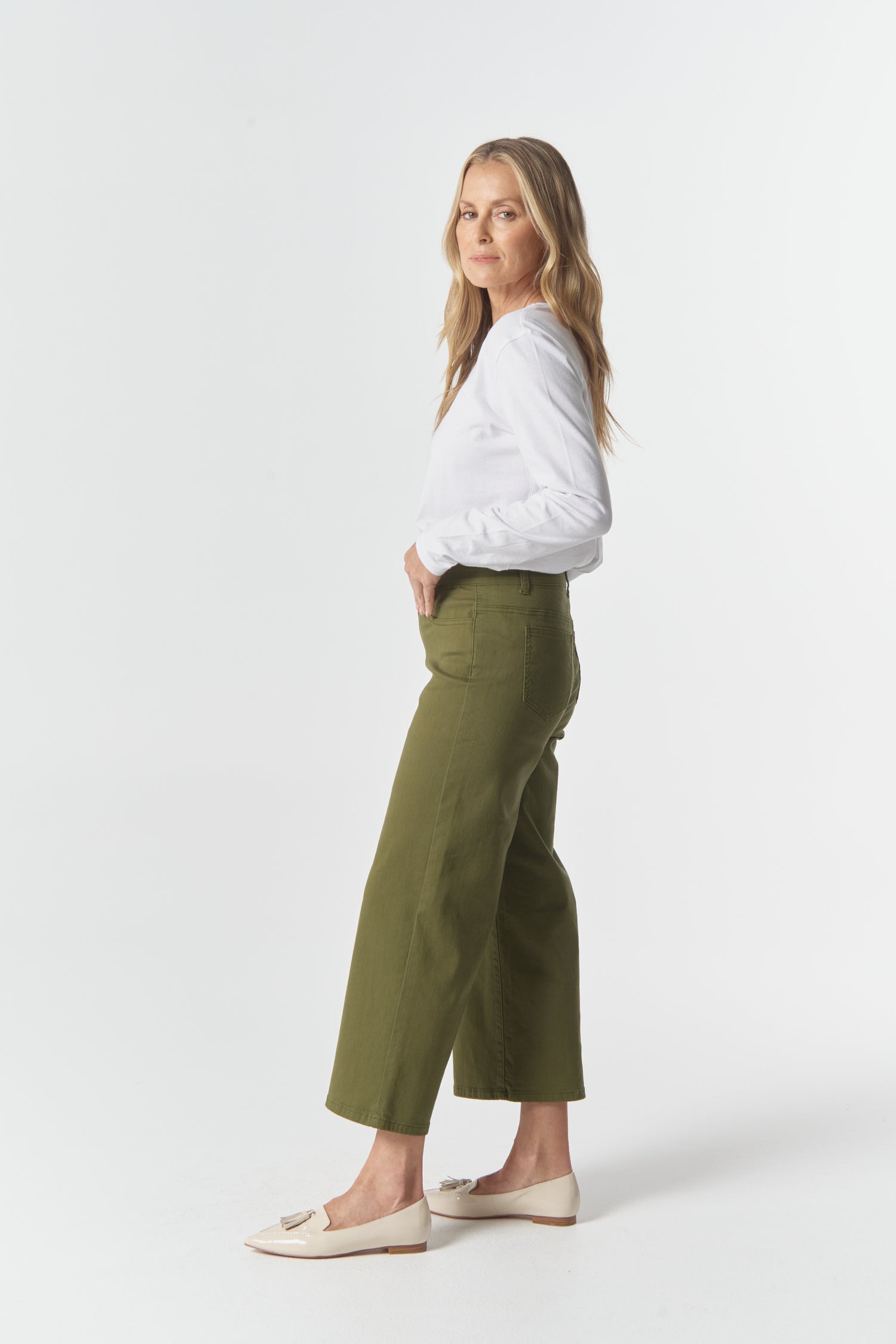 5 Pocket Crop Wide Leg Jean - Sage by Goondiwindi Cotton. Timeless women’s fashion using natural fibres and classic shapes