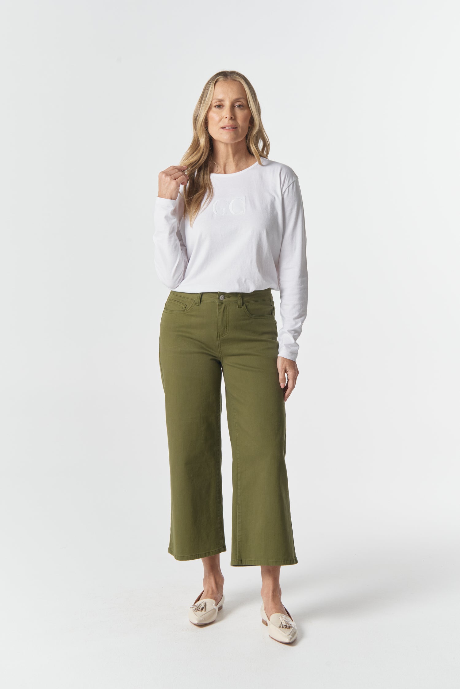 5 Pocket Crop Wide Leg Jean - Sage by Goondiwindi Cotton. Timeless women’s fashion using natural fibres and classic shapes