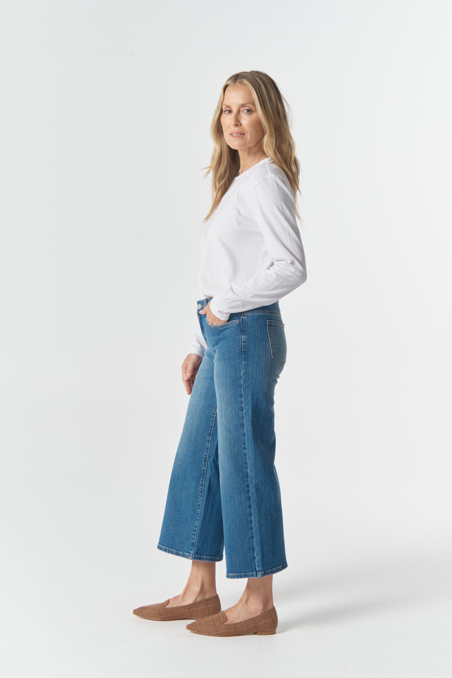 5 Pocket Crop Wide Leg Jean - Denim Blue by Goondiwindi Cotton. Timeless women’s fashion using natural fibres and classic shapes