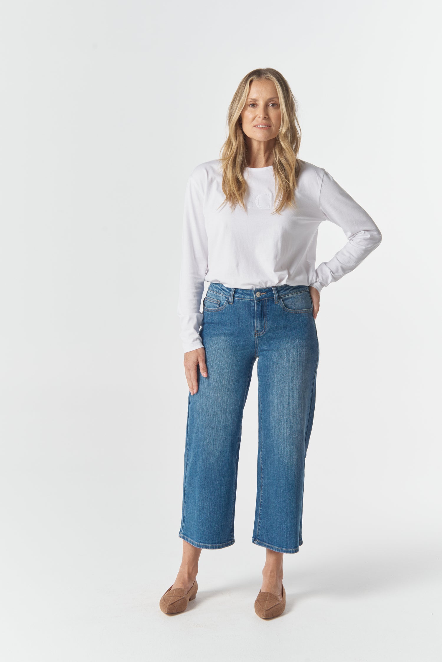5 Pocket Crop Wide Leg Jean - Denim Blue by Goondiwindi Cotton. Timeless women’s fashion using natural fibres and classic shapes